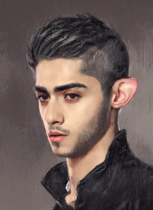 Image similar to head and shoulders portrait painting of young man who looks like zayn malik as an elf by jeremy mann, wearing leather napoleonic military style jacket, only one head single portrait, pointy ears, black background, soft top lighting, moody, shadowed