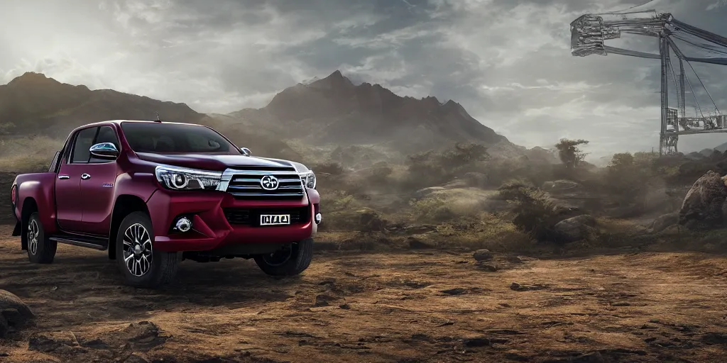 Image similar to toyota hilux, unreal 5, hyperrealistic, realistic, photorealistic, dynamic lighting, highly detailed, cinematic landscape, studio landscape, studio lighting