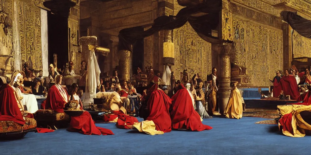 Prompt: beautiful oil matte portrait painting, ancient senators in royal crimson robes sit in tribunes of an egyptian blue palace hall, art by anders zorn, highly detailed, beautiful cinematic light deep focus, elegant, digital painting, smooth, sharp focus, golden ratio, dramatic illumination, art by artemisia lomi gentileschi and caravaggio