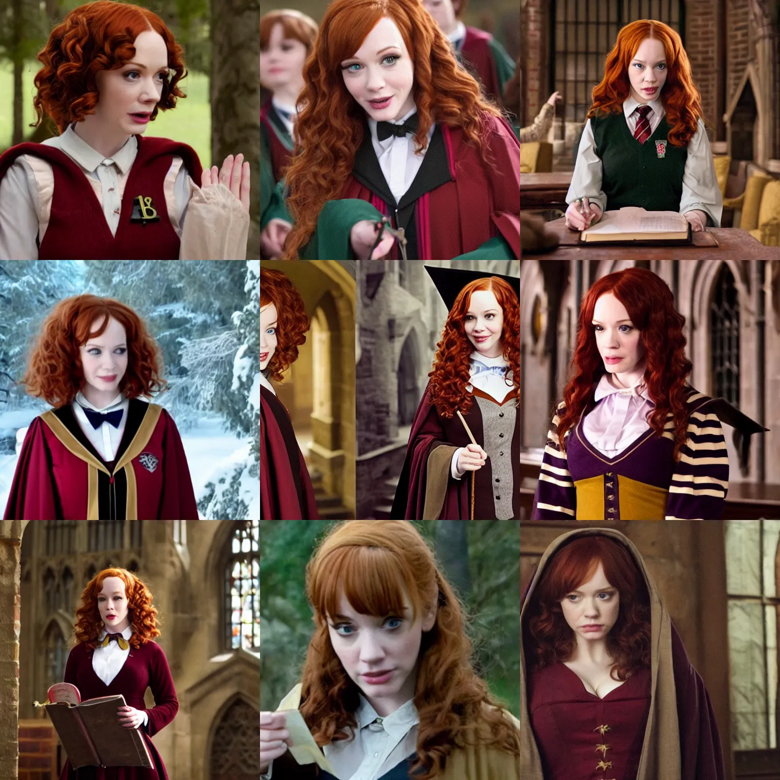 Prompt: a beautiful surprised christina hendricks dressed as a hogwarts student, hogwarts uniform with brown hair, harry potter film still from the movie directed by denis villeneuve, wide shot