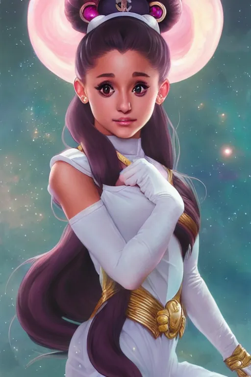 Image similar to ariana grande as sailor moon, fantasy, intricate, elegant, highly detailed, digital painting, artstation, concept art, matte, sharp focus, illustration, art by Artgerm and Greg Rutkowski and Alphonse Mucha