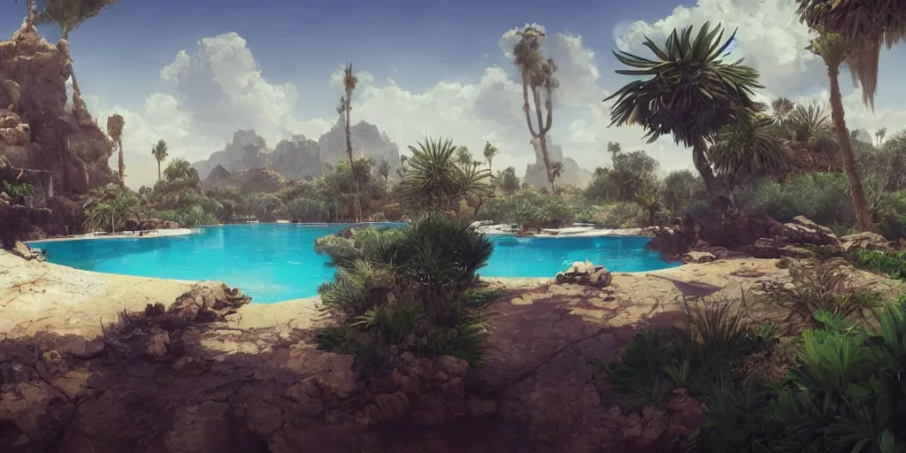 Image similar to a pool in a lush desert, greg rutkowski, zabrocki, karlkka, jayison devadas, trending on artstation, 8 k, ultra wide angle, zenith view, pincushion lens effect