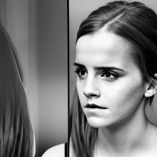 Image similar to emma watson looking in the mirror, dark, intricate, highly detailed, 4 k photorealistic