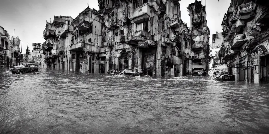 Image similar to post - apocalyptic depiction of the city of catania during flooding conditions by yoshitaka amano, wide angle camera