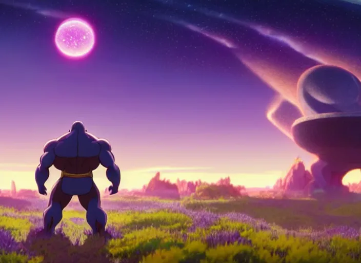 Image similar to a wholesome animation key shot of thanos, studio ghibli, pixar and disney animation, sharp, rendered in unreal engine 5, clear sky, anime key art by greg rutkowski, bloom, dramatic lighting