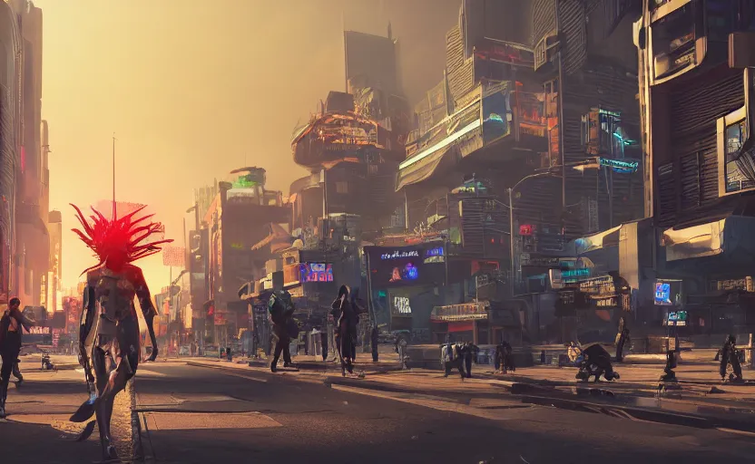 Image similar to professional photo of a cyberpunk gremlin town, utopia, pedestrians!, mechs roaming the streets, 3d render, Unreal Engine, octane render, ray tracing, Unity, highly detailed, high quality, HD, 4k, 8k, realistic, sharp, trending