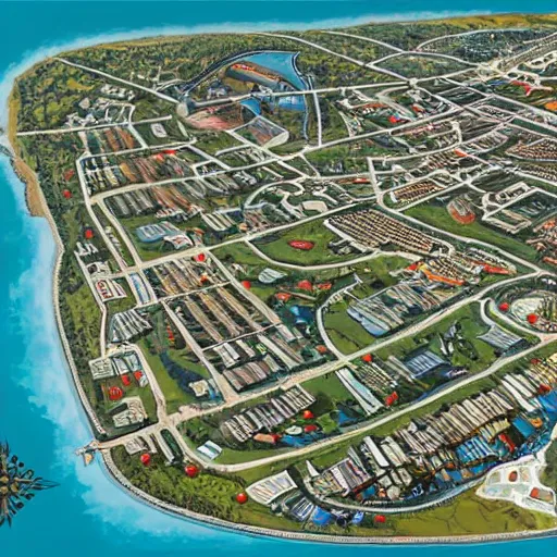 Image similar to overhead dnd map of a modern race track coastal town with large buildings by mike schley, rhads, ray swanland, brian patterson