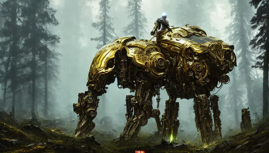 Image similar to large walking mech covered in gold and silver armor with elden ring aesthetic, covered in moss and birds, glowing lights, beautiful forests and trees, intricate detail, epic wallpaper, art by darek zabrocki and John Park and Feng Zhu and Jason Chan, trending on artstation, masterpiece.