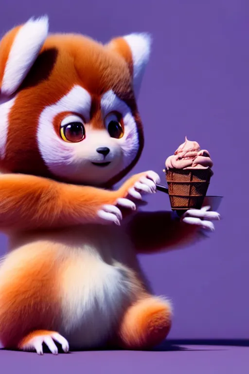 Image similar to high quality 3 d render hyperrealist very cute pastel fluffy! red panda & tarsier hybrid eating giant ice cream full body, vray smooth, in the style of detective pikachu, hannah yata charlie immer, very dramatic light, low angle, uhd 8 k, shallow depth or field