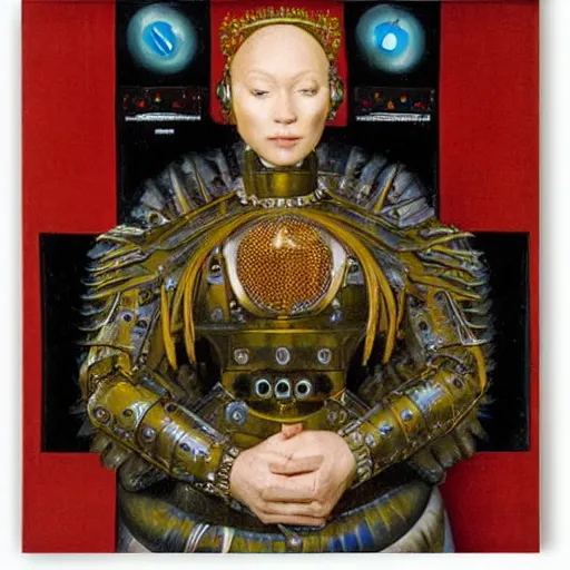Image similar to a portrait of cyborg queen jacked into a man-machine interface by Jan van Eyck