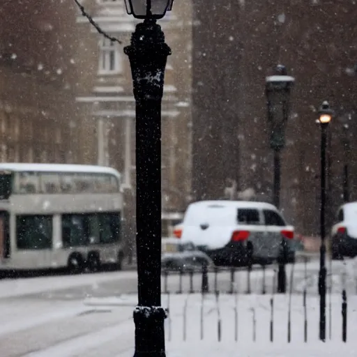 Prompt: an animal with its tongue stuck to a lamp post, snowy london street scene