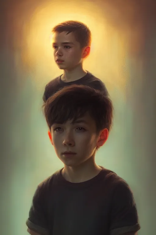 Prompt: young boy portrait, atmospheric lighting, painted, intricate, volumetric lighting, beautiful, rich deep colors masterpiece, golden hour, sharp focus, ultra detailed, by Leesha Hannigan, Ross Tran, Thierry Doizon, Kai Carpenter,Ignacio Fernández Ríos