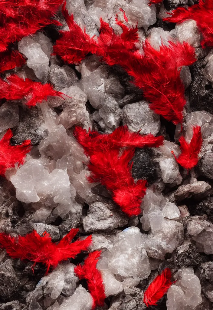 Prompt: translucent human skin. human heart. wildlife photography. animal fur. feathers. conglomerate rock. coal. red flowers. spotted translucent leaves. white bones. made of glass. animal fat complementary color scheme, rendered in octane, smooth gradients