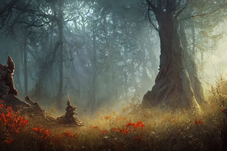 Image similar to sunset lighting ominous shadows, cinematic fantasy painting, dungeons and dragons, an ashigaru feudal armored anthropomorphic brian froud mouse looks over an autumn forest clearing of wildflowers glade jessica rossier and brian froud