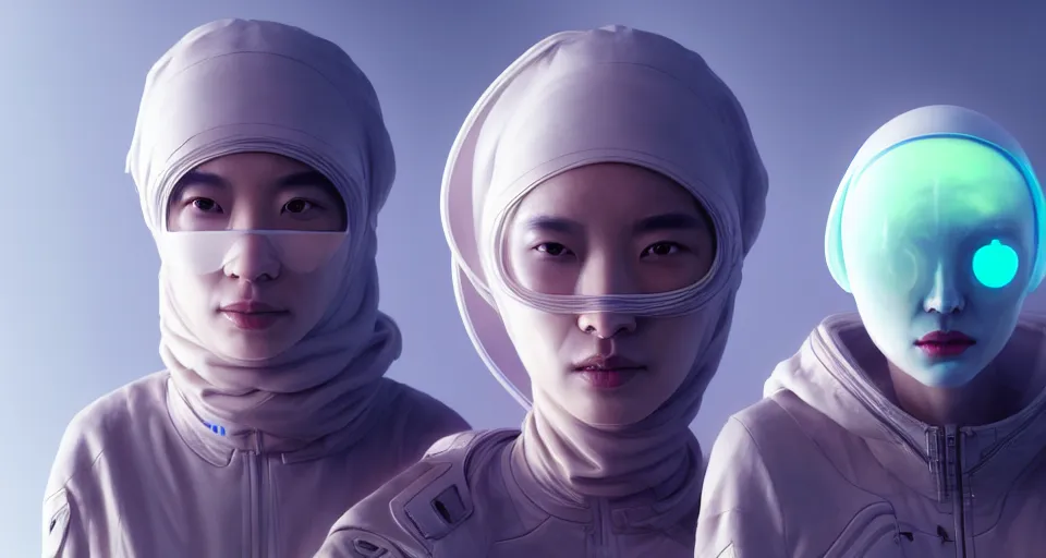 Image similar to portrait of yael shelbia and kang seul - gi, venus squid astronaut, burka, symetrical facial, white hair, intricate design details. cyberpunk, rioter, by ruan jia and beeple. smooth gradients, deep space.