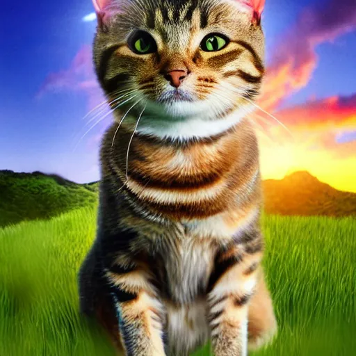 Prompt: beautiful portrait of a tabby cat, centred in frame sitting on a grass hill with a metropolitan city in the distance, looking at a massive construction around the sun in the distance, technological singularity, dramatic, trending on artstation, digital art, stellaris matrioshka brain, red and blue lighting, sunset