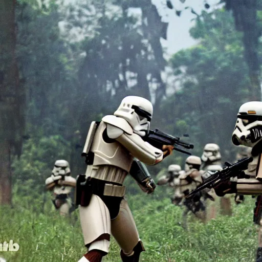 Prompt: star wars clone troopers combat soldiers in vietnam, photo, old picture, lush landscape, jungle, firearms, explosions, helicopters, aerial combat, active battle zone, flamethrower, air support, jedi, land mines, gunfire, violent, star destroyers, star wars lasers, sci - fi, jetpacks, agent orange, bomber planes, smoke, trench warfare