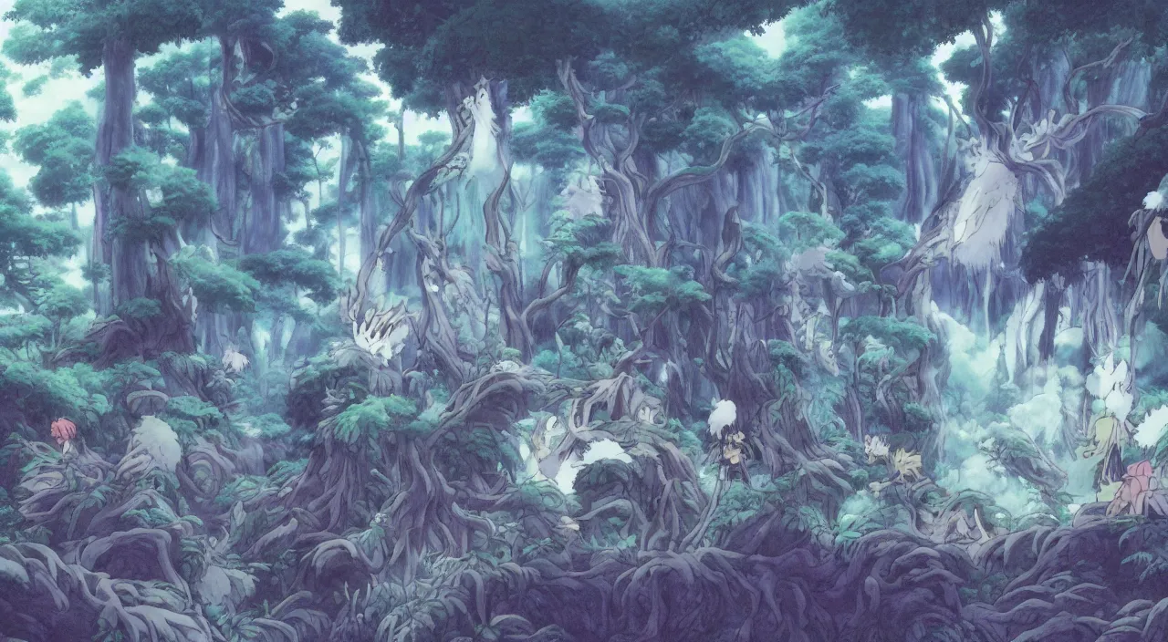 Prompt: studio ghibli anime still of a fantasy forest, forest ghosts from princess mononoke, mythical, key anime visuals