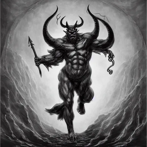 Image similar to full body, grayscale, Gustave Dore, James Daly, muscled humanoid balrog demon, horns, heroic pose, swirling flames