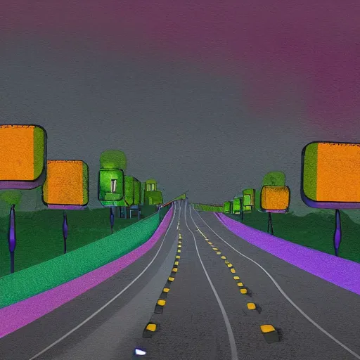 Prompt: a view of a road covered in colored rubber, digital matte painting, in the style of Tim Burton, 8k, highly detailed