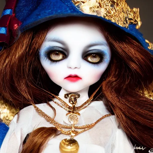 Image similar to lovely realistic ball jointed high end blue gold vampire doll with fashion and cute accessories, inside gothic doll manor bedroom, god rays, dust particles, photorealistic, aesthetic shot, worms eye view, macro camera lens, high definition, thematic, cinematic, lens flare