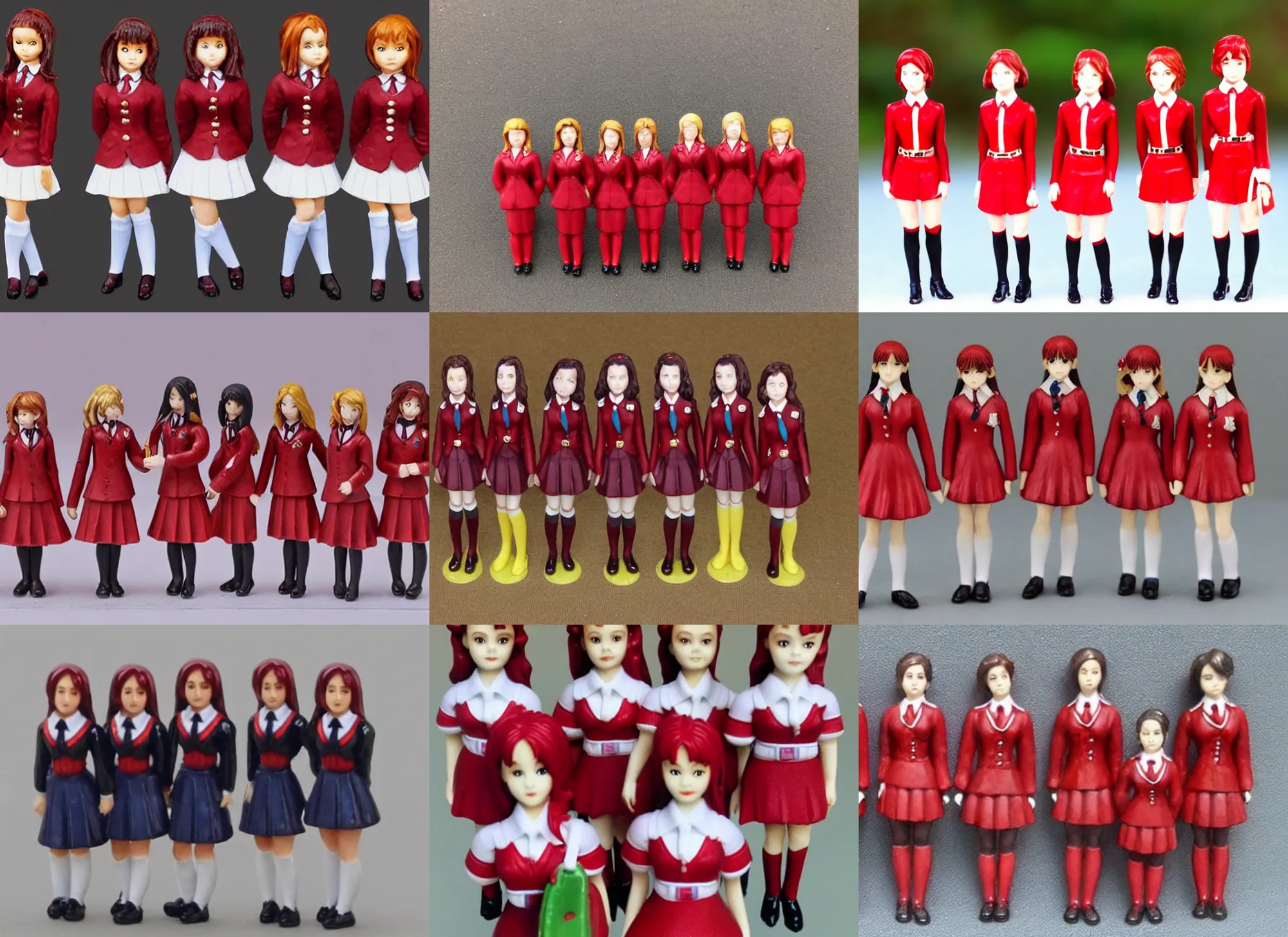 Prompt: Image on the store website, eBay, Full body, 80mm resin detailed miniature of six school girls in deep red uniforms