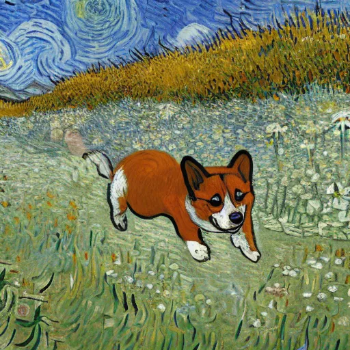 Prompt: a corgi jumping through a field of flowers by van Gogh