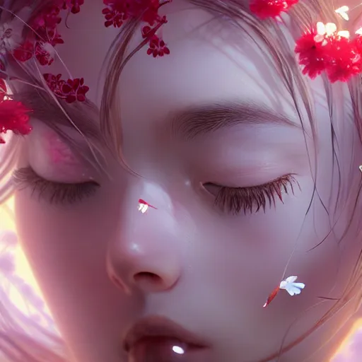 Prompt: terrifying closeup portrait of a beautiful carefree catgirl covered in strings of flowers, by katsuhiro otomo, yoshitaka amano, nico tanigawa, artgerm, greg rutkowski makoto shinkai takashi takeuchi rendered with intense 3 d effect reflective shadowing, cinematic lighting, hyperrealistic illustration uhd 8 k