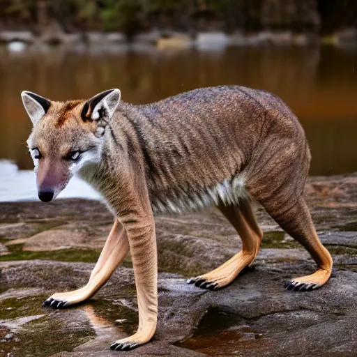 Image similar to close up photo of a rare thylacine, drinking water from a lake in tasmania, bokeh, 1 0 0 mm lens, 4 k. 8 k hd. award winning nature photography. cover of national geographic