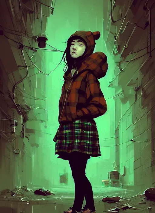 Image similar to highly detailed portrait of a sewer seattle young lady, tartan hoody, by atey ghailan, by greg rutkowski, by greg tocchini, by james gilleard, by joe fenton, by kaethe butcher, gradient green, brown, blonde crea, orange, brown and white color scheme, grunge aesthetic!!! ( ( graffiti tag wall background ) )