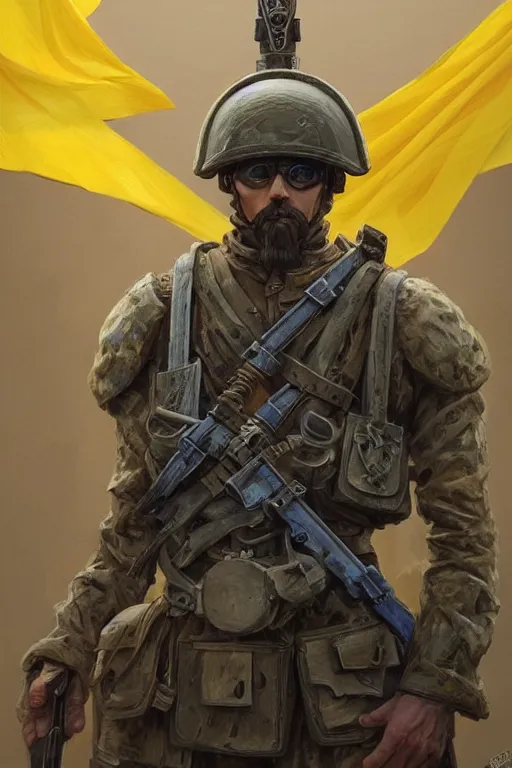 Image similar to a distant shot of a Ukrainian Modern Warfare soldier with blue and yellow flag standing alone on a pile of skulls as a winner, masculine figure, D&D, fantasy, intricate, elegant, highly detailed, hyperrealistic, extremely detailed, digital painting, artstation, concept art, matte, sharp focus, symmetrical, illustration, art by Artgerm and Greg Rutkowski and Alphonse Mucha