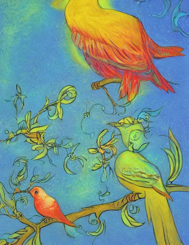 Prompt: bird god of song and starlight. this pastel painting by the beloved children's book illustrator has interesting color contrasts, plenty of details and impeccable lighting.