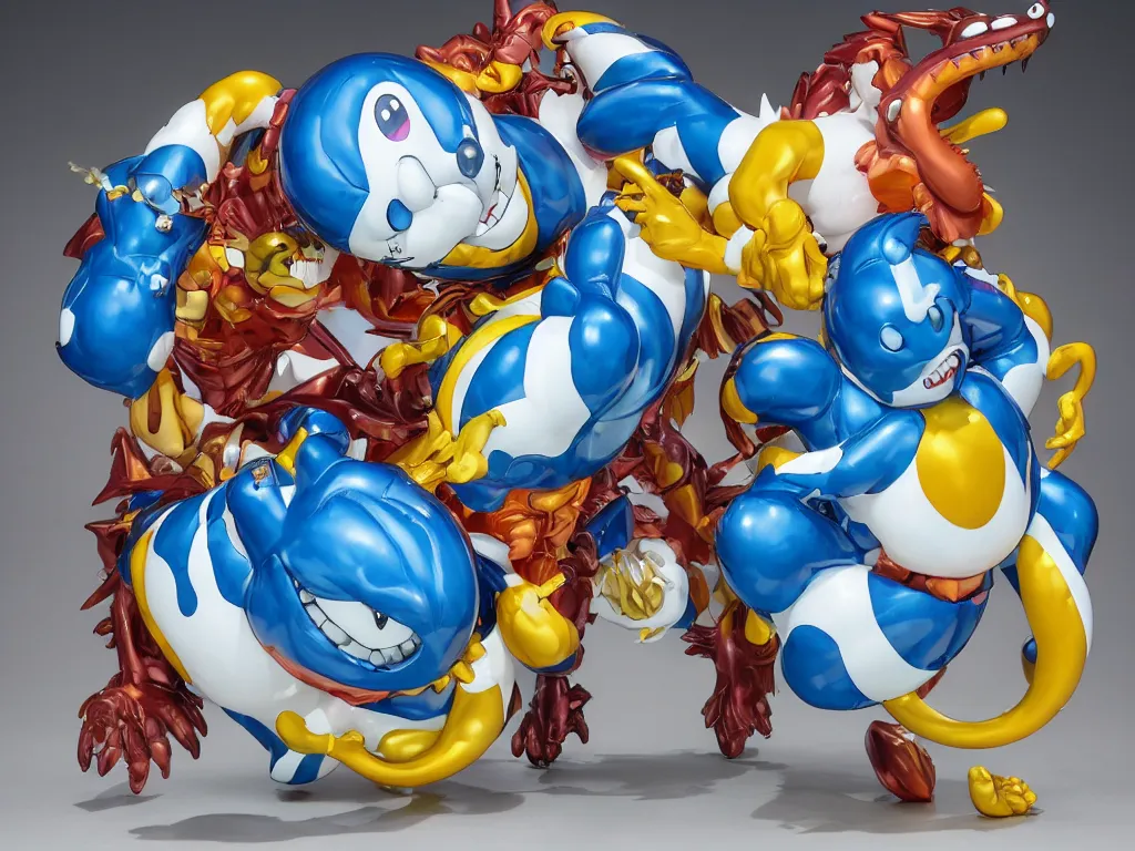 Prompt: Jeff Koons Doraemon Dorami Street Sharks Venom Galaxy Rangers Fractal Dragon statue, in the style of Hajime Sorayama, Max Fleischer, Boris Vallejo, Syd Mead