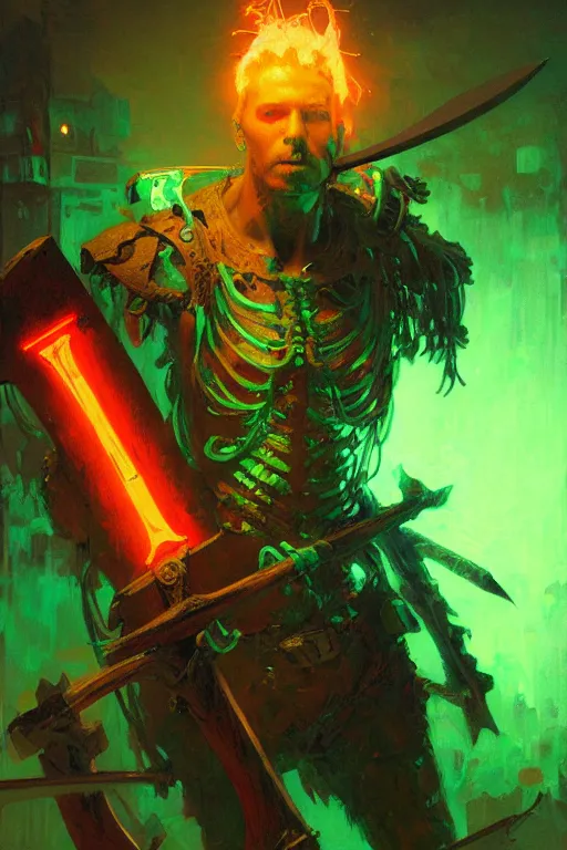 Prompt: neon green skeleton with a large axe portrait dnd, painting by gaston bussiere, craig mullins, greg rutkowski, yoji shinkawa