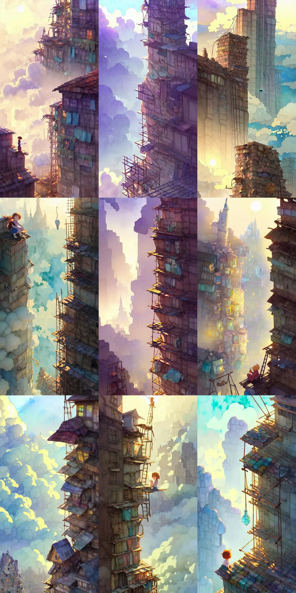 Prompt: a wholesome animation key shot, thin towers of ancient crumbling masonry scaffolding, cracks, rubble, spiral, makeshift houses, ropes, rise above clouds, studio ghibli, pixar and disney animation, sharp, disney concept art watercolor illustration by mandy jurgens and alphonse mucha and ruan jia, cold color palate, bloom, dramatic lighting