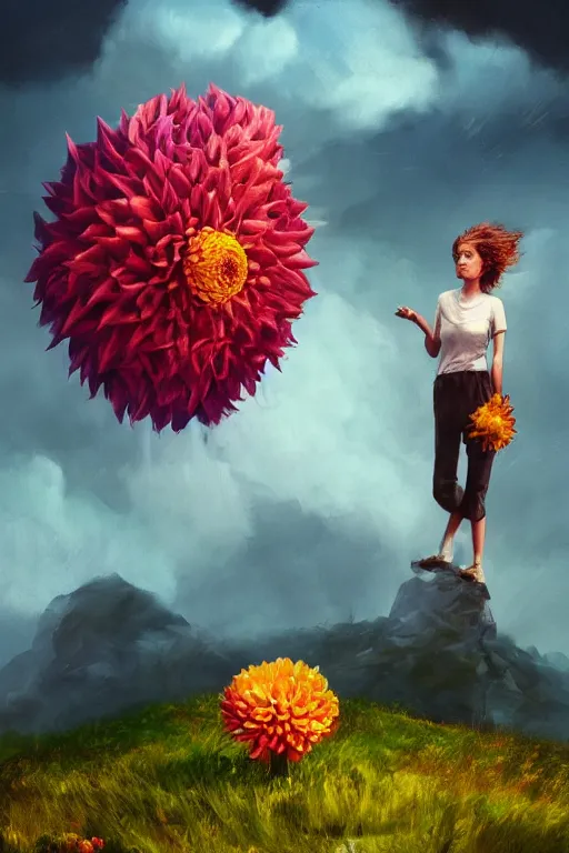 Image similar to closeup girl with giant dahlia flower head, standing on mountain, surreal photography, blue storm clouds, dramatic light, impressionist painting, digital painting, artstation, simon stalenhag