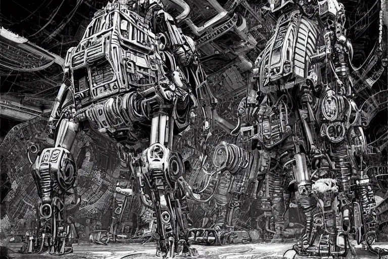 Image similar to dieselpunk mechs in shape of dragonfly that look like Dragonfly, inside an gigantic underground concrete doom hangar, interior structure, drains, storm drains, jungle, vines, algea, cables, panels, walls, ceiling, floor, doors, brutalist architecture, intricate ink drawing, highly detailed in the style of Ashley Wood, moebius and Tsutomu Nihei, photorealistic, cinematic, intricate detail, well lit,