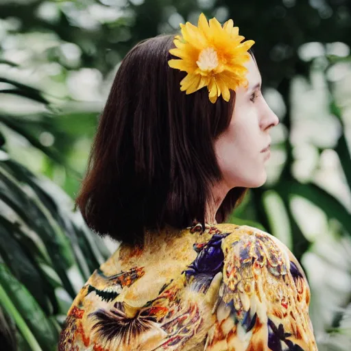 Image similar to head to shoulder portrait Polaroid photograph of an elegant top model wearing a yellow kimono with a very detailed barn owl on her shoulder!!! in a tropical greenhouse. looking at the camera!!. super resolution. 85 mm f1.8 lens.bokeh. art by Alessio albi and ashley wood and Edmund Blair Leighton ! -