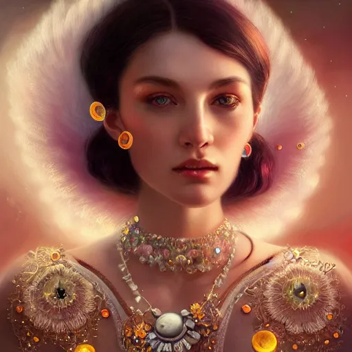 Image similar to A beautiful digital painting of a female angel full of jewels, princess, the moon behind her, intricate, cinematic lighting, highly detailed, digital painting, Artstation, concept art, smooth, sharp focus, illustration, art by Tom Bagshaw, Artgerm and Greg Rutkowski