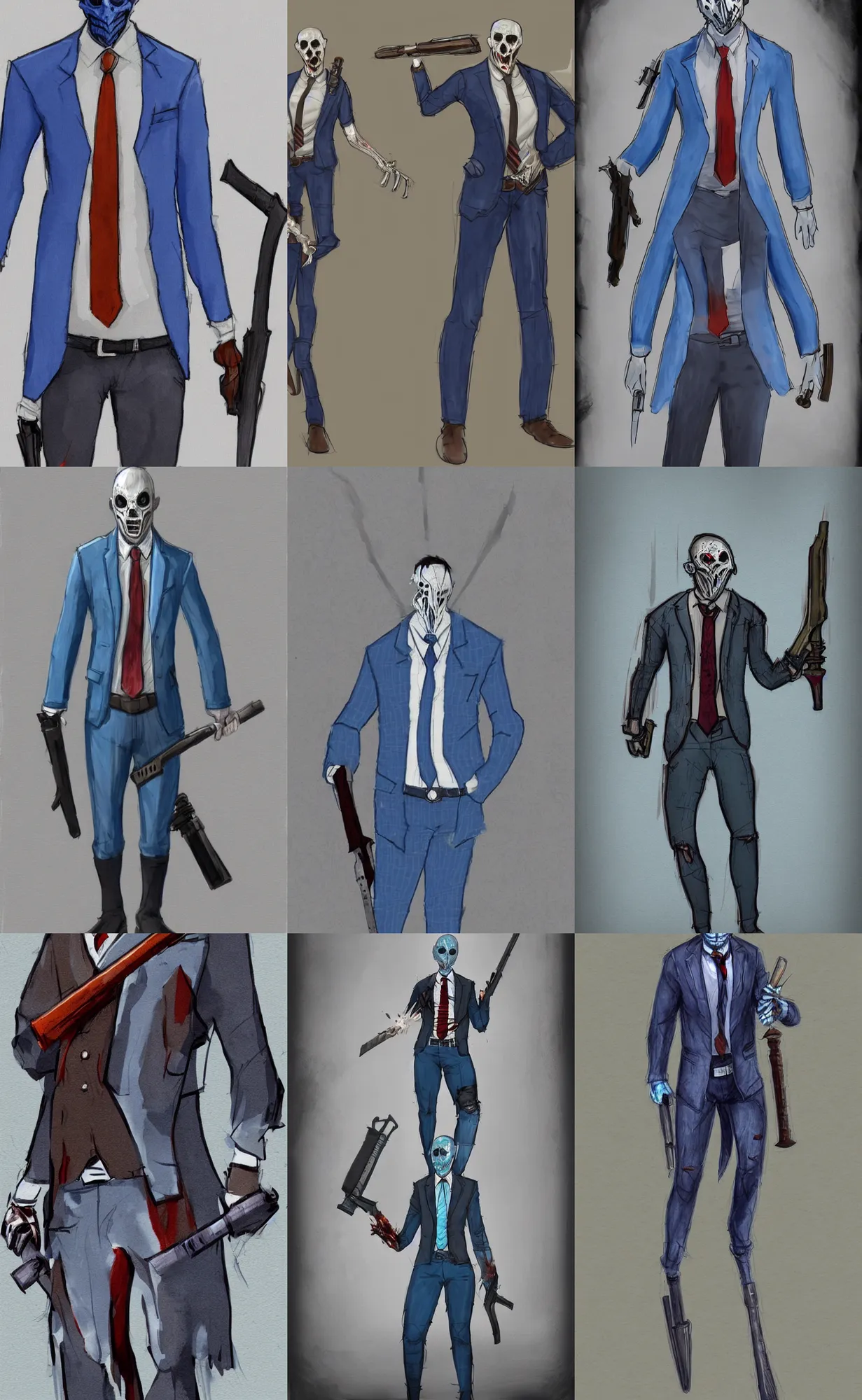 Prompt: concept art of a dead by daylight killer lawyer wearing a ripped blue business suit with a giant weapon, character portrait