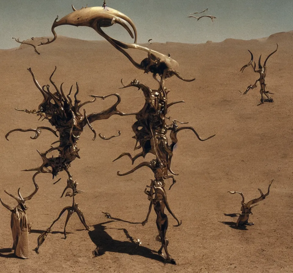 Image similar to salvador dali wearing a horned golden jewels crown in a dry sand desert landscape, alien spaceship by giger in the sky, film still from the movie by alejandro jodorowsky with cinematogrophy of christopher doyle and art direction by hans giger, anamorphic lens, kodakchrome, very detailed photo, 8 k