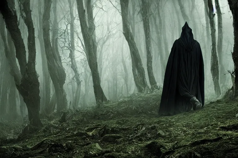 Prompt: film still of Nazgûl, stalking through the forest near the Shire, creepy, cinematic, epic composition, lotrcore