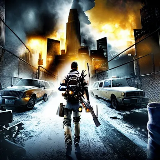 Image similar to the division poster set in an apocalyptic los angeles, agent standing with a gun in the foreground, cinematic, 4 k