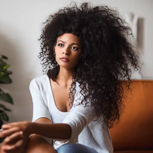 Image similar to a woman with long curly hair sitting in a room