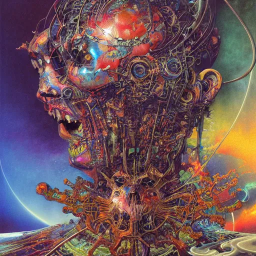 Prompt: realistic detailed image of a Technological Death Machine Nightmare by Lisa Frank, Ayami Kojima, Amano, Karol Bak, Greg Hildebrandt, and Mark Brooks, Neo-Gothic, gothic, rich deep colors. Beksinski painting, part by Adrian Ghenie and Gerhard Richter. art by Takato Yamamoto. masterpiece