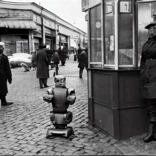 Prompt: photo of the first russian robot policeman guarding a vodka store, babushkas visible in the background