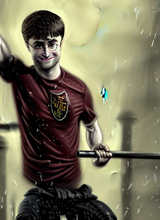 Image similar to a highly detailed full body portrait of Daniel Radcliffe as Harry Potter doing barbell back squats, wearing a muscle tee shirt, intricate detail, digital painting, old english, raining, sepia, particles floating, gym background by marc simonetti, artwork by ross tran + ramond swanland + liam wong, concept art, smooth, sharp focus, illustration, cinematic lighting