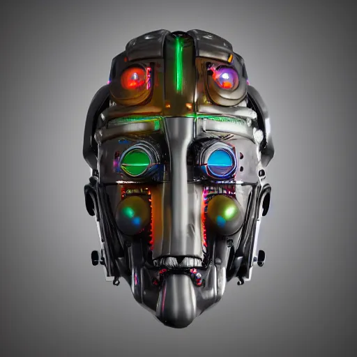 Prompt: a glossy claymodel of a dieselpunk aztec futuristic robot head with eeg probes, 8 k, front shot, symetrical, flourescent colors, halluzinogenic, multicolored, insanely detailed, 3 d render, octane