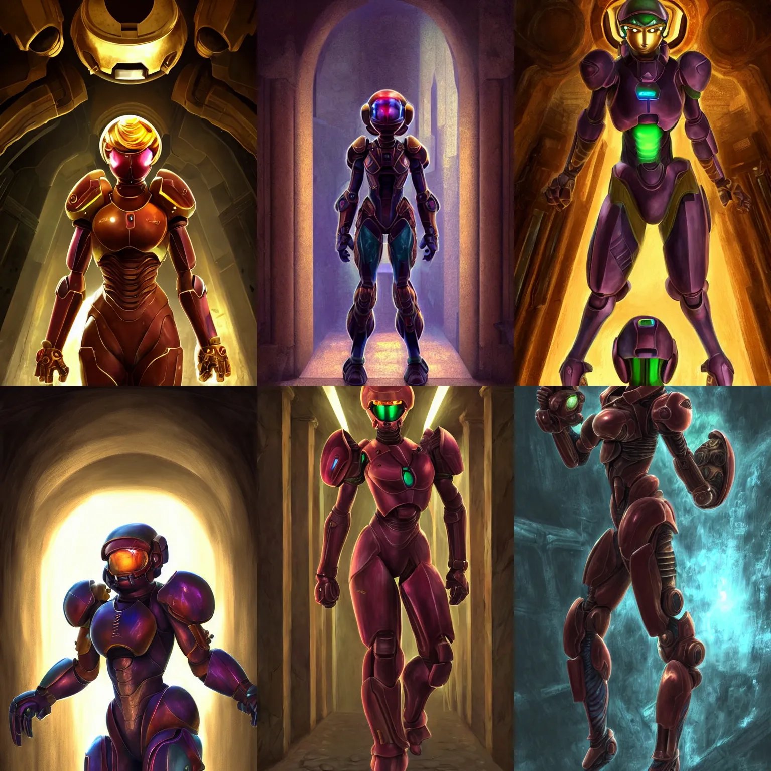 Prompt: character portrait of samus aran from metroid!! walking through an ancient temple hallway!!, 8 k, realistic shading, digital painting, matte painting, illustration, segmented armor, power armor, halo infinite, good value control, moody lighting, intense atmosphere, ultra realistic, highly detailed, john singer sargent