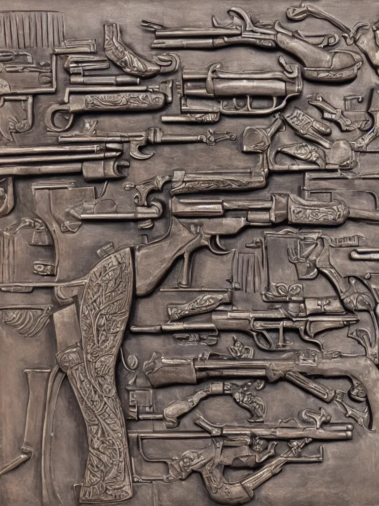 Image similar to relief sculpture carving in cast iron steel of machine guns shotguns rifles revolvers bullets, industrial dramatic dynamic lighting, hyperrealistic, ultrarealistic, intricate details, 4k